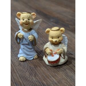 2 Angel Teddy Babies Figurines playing musical instruments resin 1996 w u